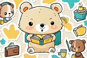 Cute Bear studying, Stickers, kid book illustrations, pastel color.