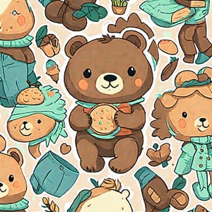 Cute Bear, Stickers, kid book illustrations, pastel color.