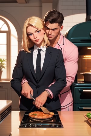 (masterpiece, best quality:1.4).
Realistic.
2 people. 
Happy.
Man and Woman.
Indoor kitchen table.
Food on the oven.
Half body photo.
Warm light.
Man (handsome,  muscular, sexy short blonde hair,  mafia look, black suits, read for work, fierce,  aggressive)).
Woman (brown long hair, pink cartoon pajamas, cooking behind oven))

Oven is on the middle bottom of the photo.
Woman is cooking.
Man hugging woman from behind
Man: Smiley sweet face, Gangster
