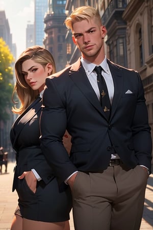 (masterpiece,  best quality:1.4).
Realistic.
2 people. 
Man and Woman.
Half body photo.
Warm light.
At a park.
Man (handsome,  muscular,  sexy short blonde hair,  mafia look,  black suits,  read for work,  fierce,  aggressive)).
Woman (innocent character, dress like a teenager,  brown long hair,  sweet face, always smile))