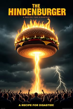 Parody movie poster for the disaster film "The Hindenburger," featuring a giant McDonald's burger, complete with sesame seed bun, catching fire as it floats dramatically through a stormy sky. Flames engulf the top of the burger as it descends, evoking the iconic image of the Hindenburg disaster. Below, a crowd of shocked onlookers stares up in horror as the flaming burger heads toward the ground. The backdrop is a dark, ominous sky with lightning flashing. The title "The Hindenburger" is written in bold, fiery letters, with the tagline "A Recipe for Disaster!" The overall vibe is comedic yet apocalyptic, blending fast food and disaster movie tropes.