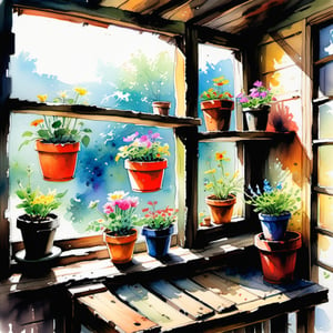Art by Kim Jung-Gi. Painting, watercolor, vibrant colorful sketch of old wooden shelf filled with potted flowers and other plants near a sunny window, inside a shack