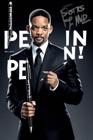 Movie Poster page "Pen in Black". Will Smith dressed in a black suit holding a giant pen.  text:"Pen in Black"