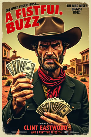 Vintage Movie poster for "A Fistful of Buzz" starring Clint Eastwood, featuring a stylized, exaggerated Clint Eastwood with a comically oversized cowboy hat, a grimace, and an exaggeratedly large cigar. He is in a classic gunslinger stance, holding up a stack of cartoonishly oversized dollar bills instead of a gun, with tumbleweeds and a cartoonish desert town in the background. Above him, the tagline reads, "The Wild West's Biggest Buzz... And It Ain't the Flies!" The scene is bathed in warm, gritty, sepia tones, capturing the classic western atmosphere but with a playful twist. Dramatic lighting with deep shadows enhances the comical expression and oversized details, parody-style typography for the title and credits at the bottom, exaggerated film grain, vintage poster look.