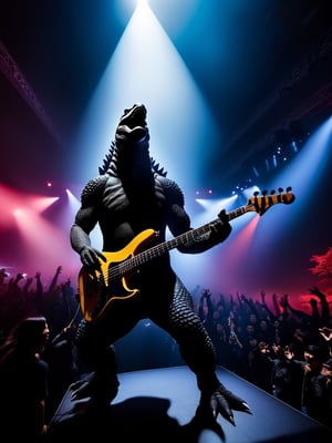 Photo. Close up of Godzilla playing bass, performing on stage, Spotlights and bright colorful music show lights, silhouetted crowd of people around the photographer. Tokyo citiscapes, night scene, dark fantasy, art by Gerald Brom, HDR, 8k,  high contrast,  bold negative spaces,  cinematic,  complex and multidimensional lighting,  epic