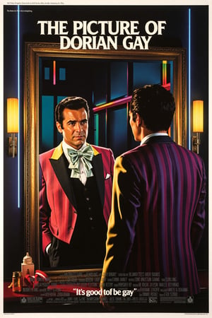 Vintage movie poster for "The Picture of Dorian Gay". The poster features a sharply dressed, flamboyant gay man standing in front of an ornate, gilded mirror, gazing deeply at his own reflection. The man is wearing a stylish, colorful suit with a large, extravagant bowtie, his hair perfectly styled. His reflection appears slightly older and more tired, contrasting with his youthful appearance. The setting is a luxurious, modern room with neon lighting, rainbow accents, and elegant decor. The title "The Picture of Dorian Gay" is displayed in bold, glamorous font across the top. Below, the tagline reads: "It's good to be gay" Cinematic lighting, retro movie poster style, exaggerated colors, playful pop-art vibe.