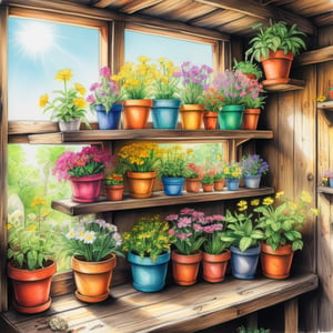 Pencil drawing, vibrant colorful sketch of old wooden shelf filled with potted flowers and other plants near a sunny window, inside a shack