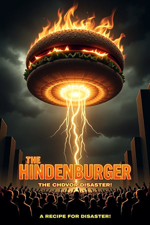 Parody movie poster for the disaster film "The Hindenburger," featuring a giant  hamburger, complete with sesame seed bun, catching fire as it floats dramatically through a stormy sky. Flames engulf the top of the burger as it descends, evoking the iconic image of the Hindenburg disaster. Below, a crowd of shocked onlookers stares up in horror as the flaming burger heads toward the ground. The backdrop is a dark, ominous sky with lightning flashing. The title "The Hindenburger" is written in bold, fiery letters, with the tagline "A Recipe for Disaster!".  Background are tall buildings.