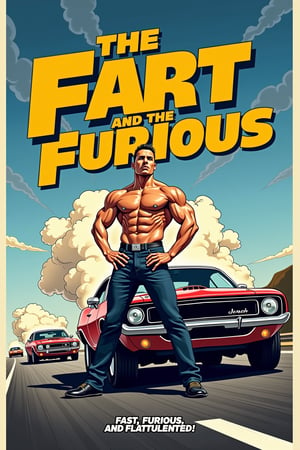 Design a humorous parody movie poster for 'The Fart and the Furious,' mimicking the style of classic action film posters. The central figure is a muscular man (resembling a typical action hero) in a dramatic pose, standing next to a souped-up muscle car. However, in a comedic twist, there are exaggerated, cartoon-like fart clouds behind him, emphasizing the joke. In the background, cars are speeding down a highway, leaving trails of gas clouds instead of exhaust. The title 'The Fart and the Furious' is prominently displayed in bold, high-octane fonts, with the tagline 'Fast, Furious, and Flatulent!' The overall tone is lighthearted, blending typical action movie elements with playful humor and over-the-top visuals.
