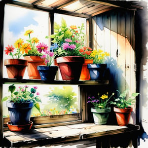 Painting, watercolor, pencil drawing, vibrant colorful sketch of old wooden shelf filled with potted flowers and other plants near a sunny window, inside a shack, Art by Kim Jung-Gi. 