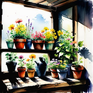 Painting, watercolor, vibrant colorful sketch of old wooden shelf filled with potted flowers and other plants near a sunny window, inside a shack, Art by Kim Jung-Gi. 