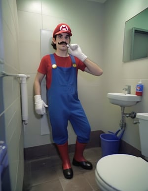 H4ck3rm4n Hackerman, dressed as Super Mario, working as a plumber in a bathroom