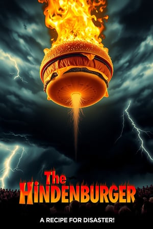 Parody movie poster for the disaster film "The Hindenburger," featuring a giant McDonald's burger, complete with sesame seed bun, catching fire as it floats dramatically through a stormy sky. Flames engulf the top of the burger as it descends, evoking the iconic image of the Hindenburg disaster. Below, a crowd of shocked onlookers stares up in horror as the flaming burger heads toward the ground. The backdrop is a dark, ominous sky with lightning flashing. The title "The Hindenburger" is written in bold, fiery letters, with the tagline "A Recipe for Disaster!" The overall vibe is comedic yet apocalyptic, blending fast food and disaster movie tropes.