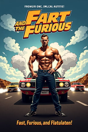 Design a humorous parody movie poster for 'The Fart and the Furious,' mimicking the style of classic action film posters. The central figure is a muscular man (resembling a typical action hero) in a dramatic pose, standing next to a souped-up muscle car. However, in a comedic twist, there are exaggerated, cartoon-like fart clouds behind him, emphasizing the joke. In the background, cars are speeding down a highway, leaving trails of gas clouds instead of exhaust. The title 'The Fart and the Furious' is prominently displayed in bold, high-octane fonts, with the tagline 'Fast, Furious, and Flatulent!' The overall tone is lighthearted, blending typical action movie elements with playful humor and over-the-top visuals.
