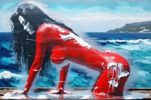 MoDernart, Double Exposure: a abstract heavy pallet knife thick paint scene of where see: an elegantly dressed ((upper body shot of a transparent woman in red with loose hair)), we see the double exposure break down on the lady her body and the sea and sky backdrop