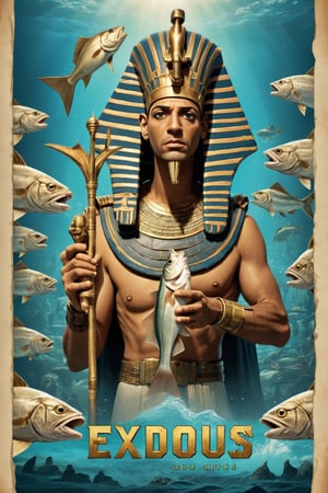 Movie Poster page "Exodus: Cods and Kings" featuring Egyptian Pharaoh holding cod fishes.  Text logo "Exodus: Cods and Kings"