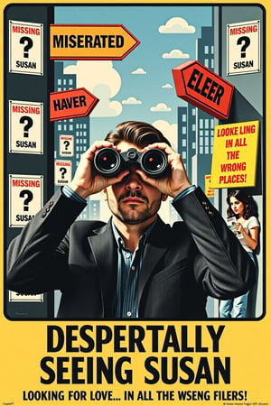 Vintage movie poster for "Desperately Seeing Susan", please add a funny tagline
ChatGPT said:
A parody movie poster for "Desperately Seeing Susan". The poster shows a man frantically searching with a pair of oversized binoculars, peering in all directions with an exaggeratedly confused expression. In the background, a quirky cityscape filled with "Missing Susan" posters, arrows pointing in random directions, and amusingly unhelpful "Have You Seen Her?" signs add to the comedy.

In the corner, Susan herself casually leans against a wall, reading a magazine and oblivious to the search. The tagline reads: "Looking for Love... in All the Wrong Places!" The poster's colors are bright and fun, capturing the whimsical tone of a classic 80s rom-com gone hilariously awry.
