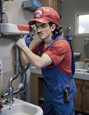 H4ck3rm4n Photo of Hackerman, dressed as Super Mario, cap, working as a plumber fixing leaky faucet