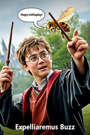 Movie still featuring Harry Potter, mid-action, waving his wand with determination as he shouts "Expelliarmus Buzz" to cast a spell. A large bee is buzzing near him, and the magical energy from his wand is seen pushing the bee away in a flash of light. Harry is in his iconic Hogwarts robe, glasses on, and his expression focused. The background features a magical outdoor setting with trees and a distant castle. The overall mood is lighthearted and humorous, adding a playful twist to the famous spellcasting scene.