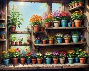 Acrylic painting illustration of old wooden shelf filled with potted flowers and other plants near a sunny window, inside a shack. vibrant colors, highly detailed, art by Edward Okun, featured on deviantart, magic realism, detailed painting, painterly, enchanting