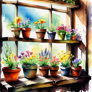 Painting, watercolor,sketch of old wooden shelf filled with potted flowers and other plants near a sunny window, inside a shack. vibrant colors