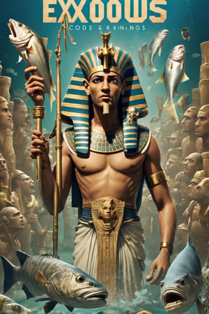 Movie Poster page "Exodus: Cods and Kings" featuring Egyptian Pharaoh holding cod fishes.  text:"Exodus: Cods and Kings"