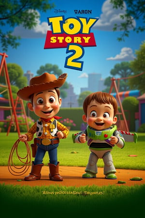 Movie poster for 'Boy Story 2,' featuring toddler versions of Woody and Buzz Lightyear. In this reimagined scene, Woody and Buzz are depicted as adorable toddlers playing in a vibrant park. Woody, wearing his signature cowboy hat and boots, is holding a toy lasso, while Buzz, dressed in his iconic space suit, is holding a toy spaceship. The background showcases a colorful, cartoon-style park with swings, slides, and bright green grass. The title 'BOY STORY 2' is displayed in bold, fun lettering at the top, with a tagline underneath that adds a humorous twist. The overall tone of the poster is lighthearted and nostalgic, blending the charm of the original characters with the innocence and joy of childhood.