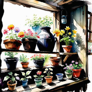 Art by Kim Jung-Gi. Painting, watercolor,sketch of old wooden shelf filled with potted flowers and other plants near a sunny window, inside a shack. vibrant colors, 
