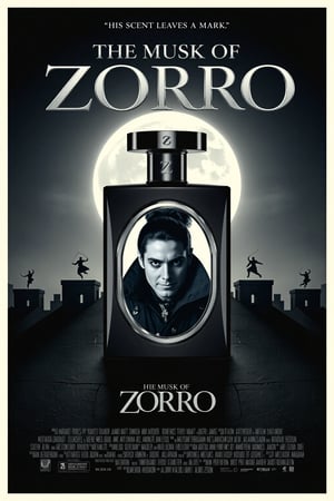 mvpstr. Epic Movie poster for "The Musk of Zorro," featuring a sleek bottle of men's cologne as the centerpiece. The cologne bottle has an elegant black and silver design with a bold, artistic portrait of Zorro on the front. Zorro is depicted in his iconic black mask and wide-brimmed hat, with a playful, smirking expression. The bottle's cap resembles the handle of Zorro's sword, with a Z-shaped insignia etched into it. In the background, dramatic shadows of Zorro's silhouette leap across rooftops under a full moon. The poster has a mix of action and comedy, with bold, exaggerated fonts for the title, "The Musk of Zorro," in metallic silver, positioned at the top. The tagline underneath says, "His scent leaves a mark." Cinematic lighting highlights the glossy cologne bottle, giving it a luxurious, commercial feel. Humorous, over-the-top design, matte finish, vintage movie poster style.