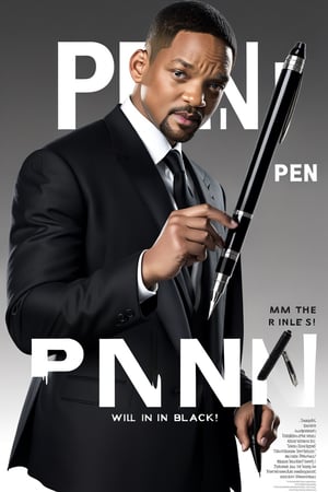 Movie Poster page. Will Smith dressed in a black suit holding a giant pen.  text:"Pen in Black"