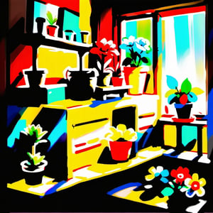 Painting, rough sketch illustration of old wooden shelf filled with potted flowers and other plants near a sunny window, inside a shack. vibrant colors, art by Kim Jung-Gi, ,digital painting