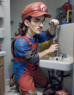 H4ck3rm4n Hackerman, dressed as Super Mario, cap, working as a plumber fixing leaky faucet