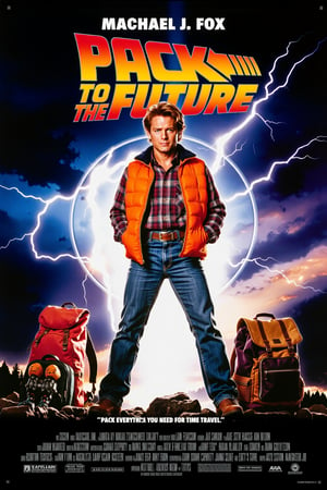 Vintage movie poster for "Pack to the Future," starring Machael J. Fox. The main character stands confidently, mid-action, with jeans and an iconic orange sleeveless puffer jacket over a plaid shirt, with backpacks, camping equipment around. The background features a dark, stormy sky with streaks of lightning and a large, retro-futuristic clock face. The tagline reads: "Pack everything you need for time travel!" Neon colors, dramatic lighting, retro sci-fi movie poster style, cinematic composition.