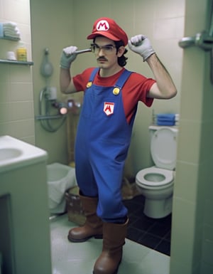 H4ck3rm4n Hackerman, dressed as Super Mario, working as a plumber in a bathroom