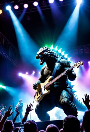 Photo Close up of Godzilla playing bass, performing on stage, Spotlights and bright colorful music show lights, silhouetted crowd of people around the photographer. 