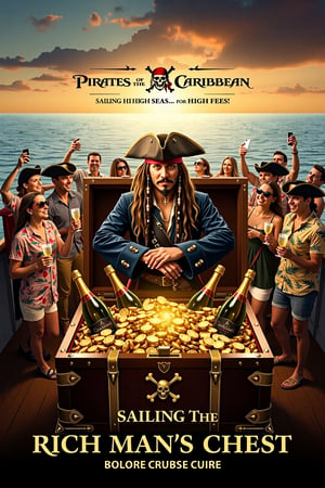 Movie poster for "Pirates of the Caribbean Cruise: Rich Man's Chest", featuring a luxury cruise ship decked out in pirate-themed decor. At the center, Captain Jack Sparrow leans nonchalantly on a sparkling treasure chest overflowing with gold, champagne bottles, and jewelry, looking bewildered yet intrigued by the high-society setting. Around him, wealthy tourists in Hawaiian shirts and pirate hats are sipping cocktails, snapping selfies, and obliviously enjoying the pirate life.

In the background, a sunset over calm Caribbean waters sets a luxurious yet absurdly adventurous mood. The tagline reads: "Sailing the High Seas... for High Fees!"
