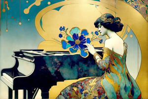 MoDernart, Double Exposure: art nouveau painting of a woman, playing a piano looking like a colorful patterned dress holding a blue flower, with abstract decorative elements and gold leaf detailing, high-resolution scan of a painting, space backdrop