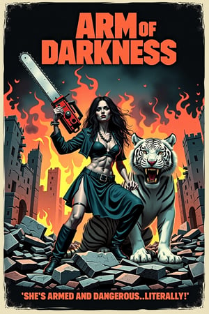 Vintage movie poster for 'Arm of Darkness' in a retro, over-the-top action style, featuring a zombie  wielding a massive chainsaw attached to her arm like a weapon, A fierce zombie  white tiger sits beside her, adding a touch of absurdity. The scene has a chaotic, apocalyptic vibe, with destroyed ruins and exaggerated fire in the background, giving the whole image a comically intense and action-packed feel.  At the top, in bold 80s action movie font, add the title 'Arm of Darkness.' Beneath the title, include the tagline: 'She's armed and dangerous...literally!'"
