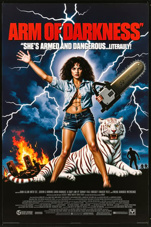 Vintage movie poster for 'Arm of Darkness' in a retro, over-the-top action style. The central figure is a zombie, wearing a ripped shirt and denim shorts. She's wielding a massive chainsaw attached to her arm like a weapon, standing heroically in front of a dramatic, stormy background with lightning. A fiercezombie  white tiger sits beside her, adding a touch of absurdity. The scene has a chaotic, apocalyptic vibe, with destroyed ruins and exaggerated fire in the background, giving the whole image a comically intense and action-packed feel.  At the top, in bold 80s action movie font, add the title 'Arm of Darkness.' Beneath the title, include the tagline: 'She's armed and dangerous...literally!'"
