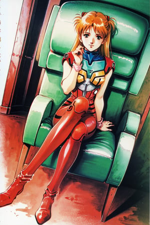 realistic. 1girl, souryuu asuka langley, neon genesis evangelion, ribbon, orange hair, red plugsuit, sitting, crossed legs, throne, absurdres traditional media
retro artstyle
1980s style