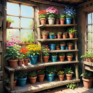 Painting, rough sketch illustration of old wooden shelf filled with potted flowers and other plants near a sunny window, inside a shack. vibrant colors, art by Kim Jung-Gi, 