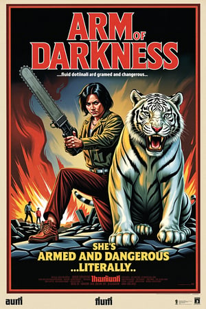 Tha1v1ntage. Vintage movie poster for 'Arm of Darkness' featuring a zombie wielding a massive chainsaw, A fierce zombie  white tiger sits beside her, adding a touch of absurdity. The scene has a chaotic, apocalyptic vibe, with destroyed ruins and exaggerated fire in the background, giving the whole image a comically intense and action-packed feel.  At the top, in bold 80s action movie font, add the title 'Arm of Darkness.' Beneath the title, include the tagline: 'She's armed and dangerous...literally!'",