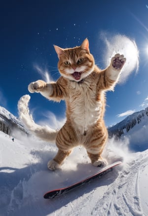 animal (cat:1.5) skiing, snowboard, snow explosion, action shot, nude, sunlight, wide angle, (tail:1.3)  8k, F2.8, RAW Photo, ultra detailed, real life  