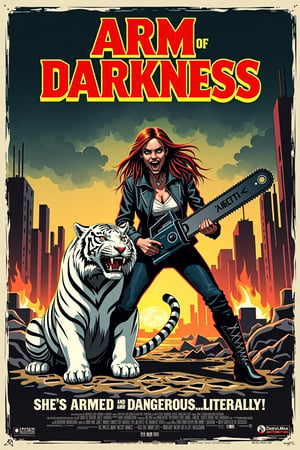 Vintage movie poster for 'Arm of Darkness' in a retro, over-the-top action style. The central figure is a zombie  wielding a massive chainsaw attached to her arm like a weapon, A fierce zombie  white tiger sits beside her, adding a touch of absurdity. The scene has a chaotic, apocalyptic vibe, with destroyed ruins and exaggerated fire in the background, giving the whole image a comically intense and action-packed feel.  At the top, in bold 80s action movie font, add the title 'Arm of Darkness.' Beneath the title, include the tagline: 'She's armed and dangerous...literally!'"
