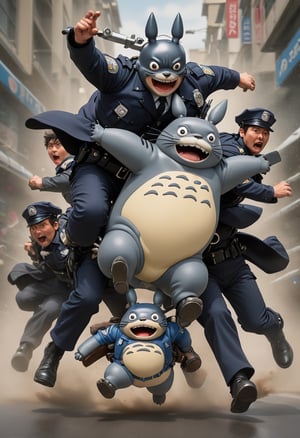 Action shot. Two cops arresting Totoro, art by Studio Ghibli
