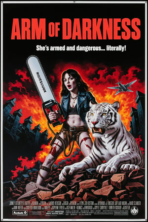 Vintage movie poster for 'Arm of Darkness' featuring a zombie hold a massive chainsaw, The zobie is partly decomposed. A fierce zombie  white tiger sits beside her, adding a touch of absurdity. The scene has a chaotic, apocalyptic vibe, with destroyed ruins and exaggerated fire in the background, giving the whole image a comically intense and action-packed feel.  At the top, in bold 80s action movie font, add the title 'Arm of Darkness.' Beneath the title, include the tagline: 'She's armed and dangerous...literally!'"
