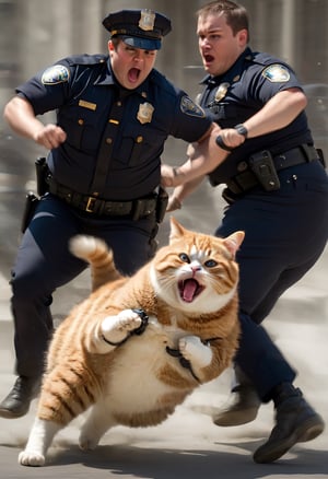 Action shot. Two cops arresting an obese cat
