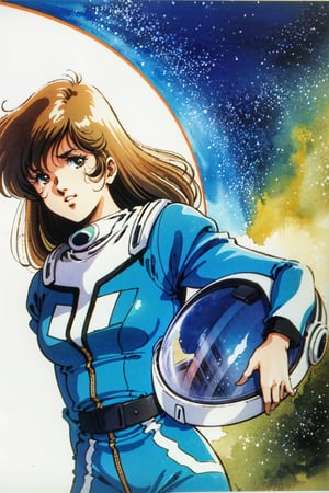 a science fiction pilot girl,brown hair,cleaveage,blue uniform,standing,holding a helmet,dynamic angle,in a spaceshipwatercolor \(medium\),retro artstyle,1980s style,