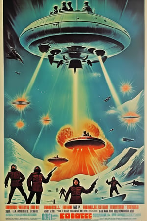 Movie Poster - a movie poster to a movie from 1973 picturing a submarine and a ufo in a polar enviroment. An explosion. Soldiers with guns.