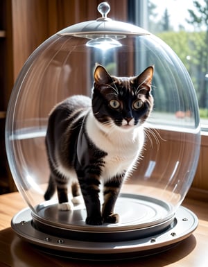Photo of Cat inside a tiny flying saucer with transparent dome